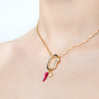 Pendant With Fuxia Enamel Lucky Horn And Pavé Star With Zircons