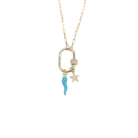 pendente in argento 925 dorato con moschettone apribile con cornetto portafortuna smalto turchese e stellina pavé con zirconi
lunghezza collana cm45 EDOM