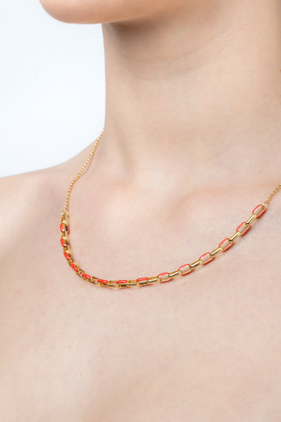 Necklace With Coral Red Enamel Chain